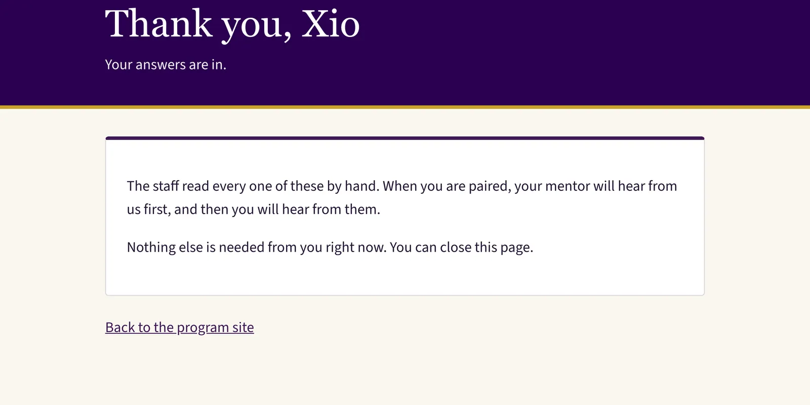 The confirmation page after a student sends the form: Thank you, your answers are in.