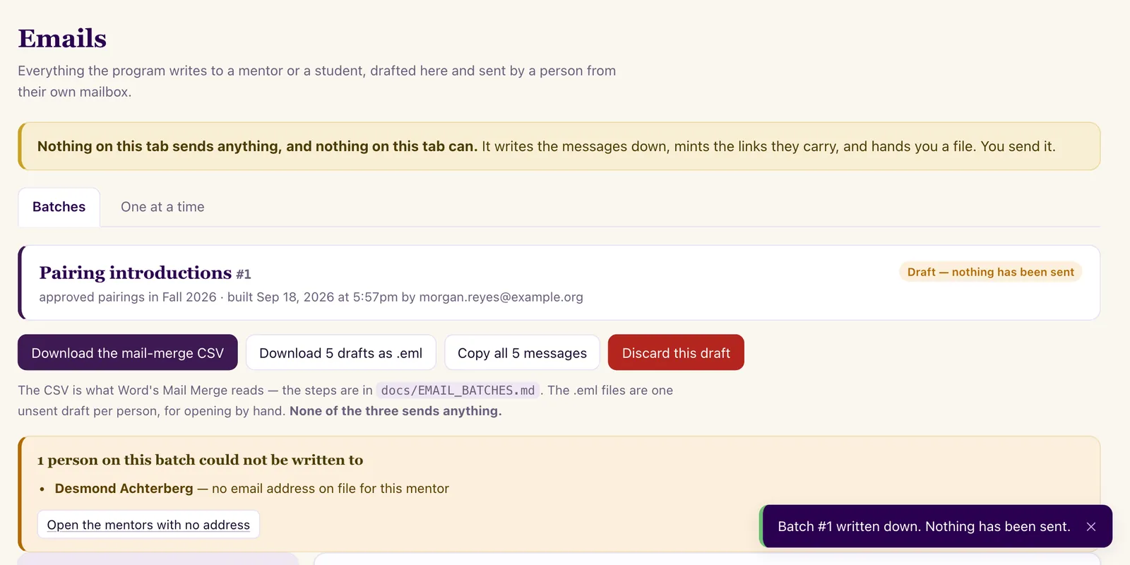 The emails screen after a batch of five introductions is built. It is marked: Draft, nothing has been sent.